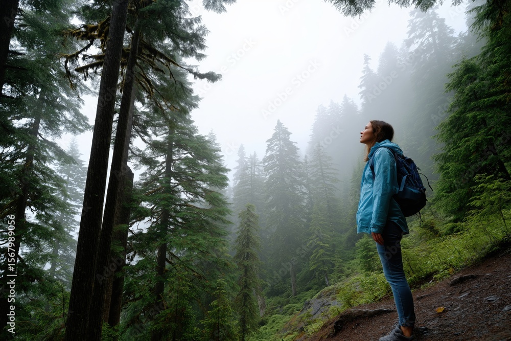 Obraz premium Young caucasian female exploring misty forest in blue jacket and backpack