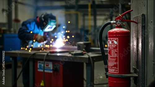 Welder working near fire extinguisher in industrial environment