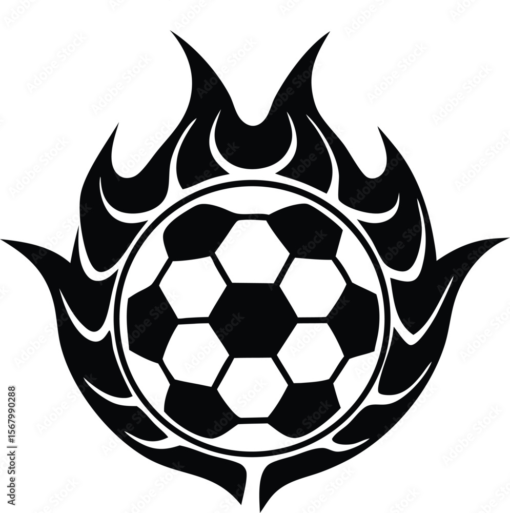 Obraz premium Dynamic black and white tribal flames engulf a classic soccer ball creating an energetic and iconic sports emblem design