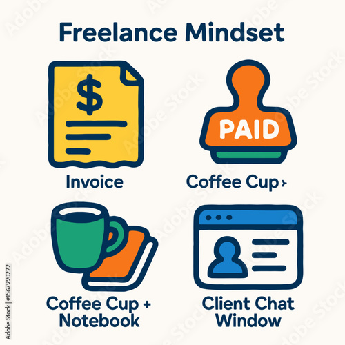 Illustrative icons representing freelance work, including invoices, payments, and client communication.