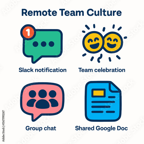 Illustration depicting remote team culture with icons for notifications, celebrations, chats, and shared documents.