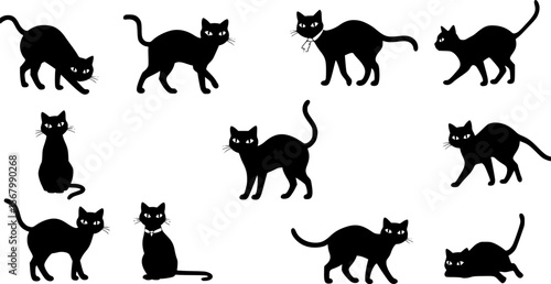 Black Cat Silhouettes in Various Poses, Halloween-Themed Vector Art
