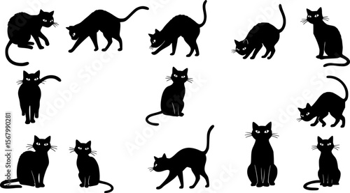 Black Cat Silhouettes in Various Poses, Halloween-Themed Vector Art
