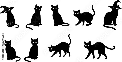 Black Cat Silhouettes in Various Poses, Halloween-Themed Vector Art
