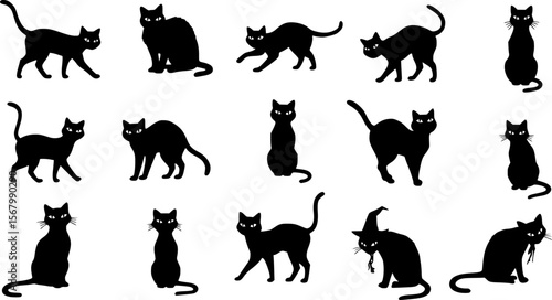 Black Cat Silhouettes in Various Poses, Halloween-Themed Vector Art
