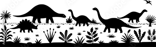 Black Dinosaur Silhouettes Walking in a Field with Plants, Vector Art
