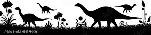 Black Dinosaur Silhouettes Walking in a Field with Plants, Vector Art
