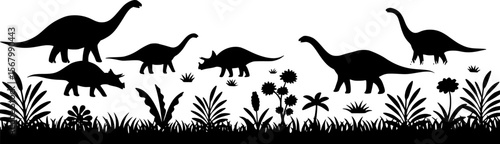 Black Dinosaur Silhouettes Walking in a Field with Plants, Vector Art
