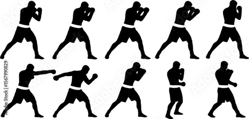 Silhouette Boxing Sequence: Fighter Throwing Punches, Black and White
