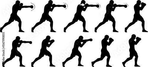 Silhouette Boxing Sequence: Fighter Throwing Punches, Black and White
