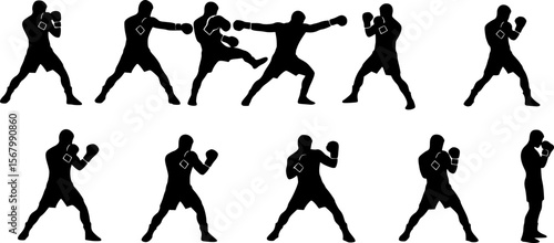 Silhouette Boxing Sequence: Fighter Throwing Punches, Black and White
