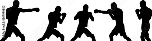 Silhouette Boxing Sequence: Fighter Throwing Punches, Black and White
