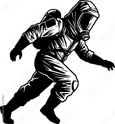 Black and White Vector Illustration: Hazmat Suit Figure in a Circle, Sci-Fi Style
