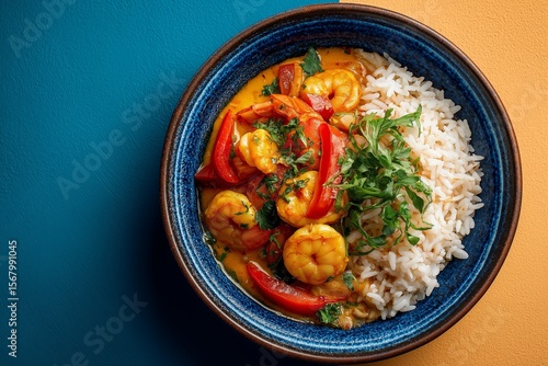 Moqueca, Brazilian seafood stew with shrimp and vegetables in yellow curry, served with fluffy white rice. Concept of moqueca highlights vibrant colors and rich textures.