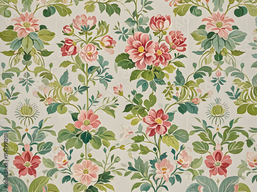Vintage Floral Wallpaper Design Featuring Pink and Red Flowers Green Leaves Off White Background 4k High Quality Full H D Download