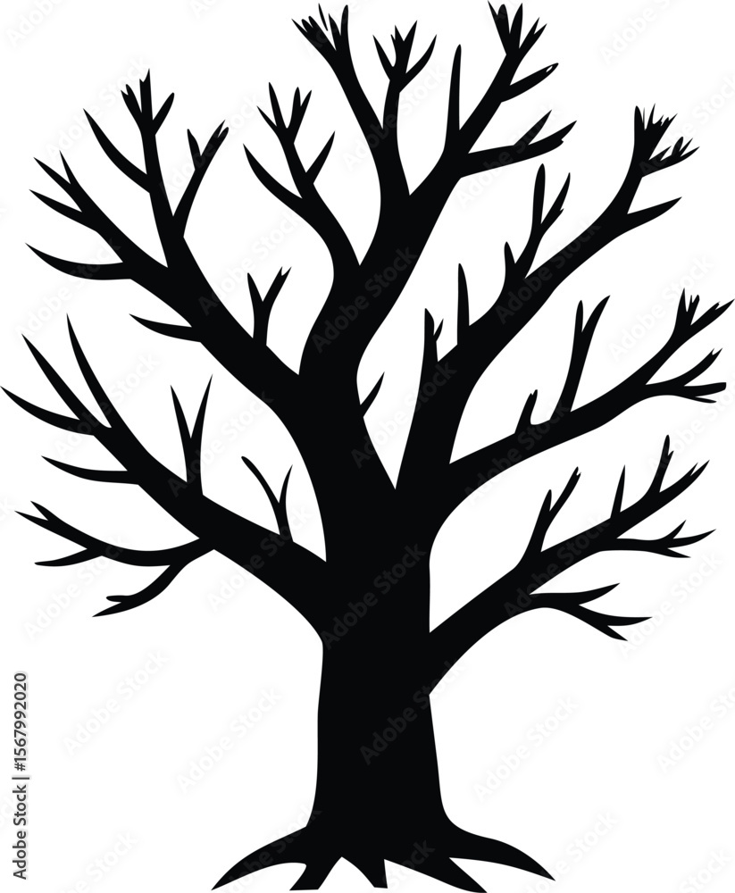 Obraz premium A stark black silhouette of a bare deciduous tree with numerous branching limbs against a clean white background evoking winter or dormancy