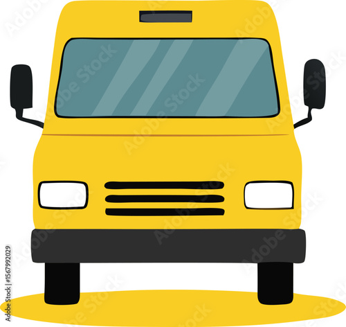 A simple stylized illustration of the front of a bright yellow school bus with a large blue windshield and black tires