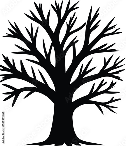 A stark black silhouette of a deciduous tree with bare branches stands out against a clean white background showcasing its intricate structure