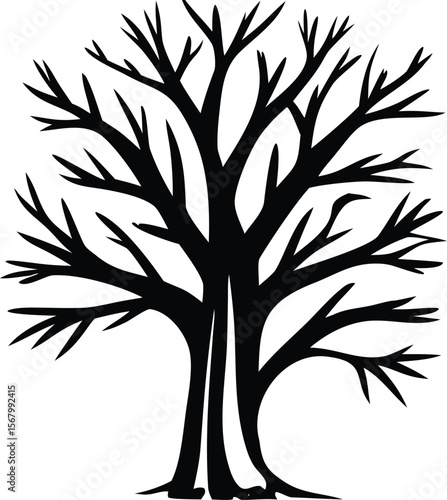 A stark black silhouette of a leafless tree with a thick trunk and many branching limbs against a pure white background