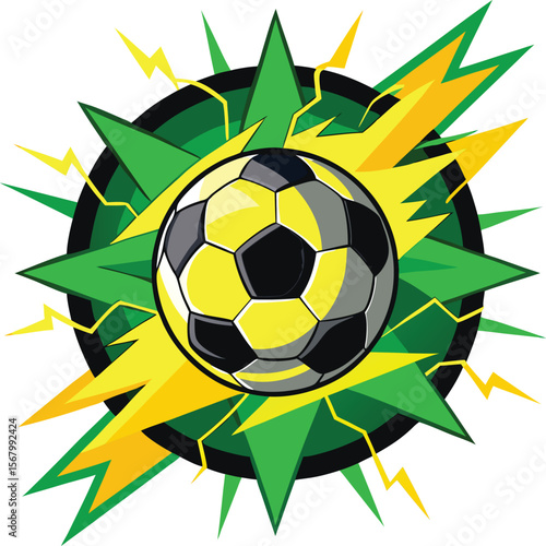 Wallpaper Mural Dynamic soccer ball bursting with energy surrounded by sharp green and yellow lightning bolts and starburst elements Torontodigital.ca