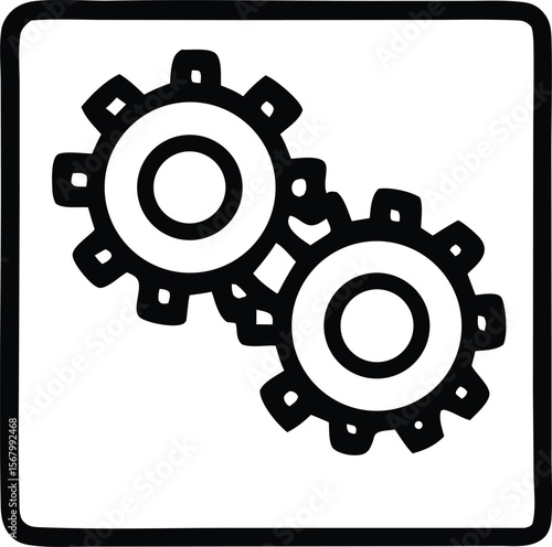Two interlocking black gears representing mechanical systems and collaboration are depicted within a thick black border on a white background