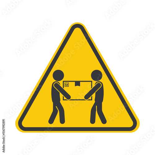 Isolated pictogram icon showing two people lifting a cardboard box together, symbolizing heavy package warning, fragile content, and careful handling.