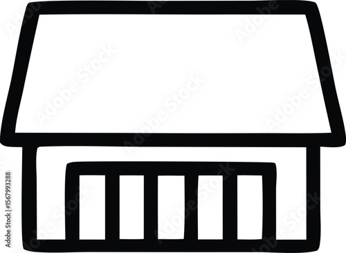 Simple black outline drawing of a barn with a large open doorway and a sloped roof against a white background