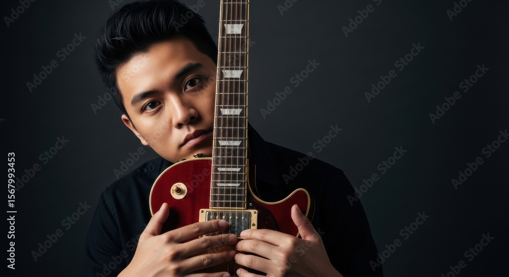 Obraz premium Young asian male holding electric guitar against dark background