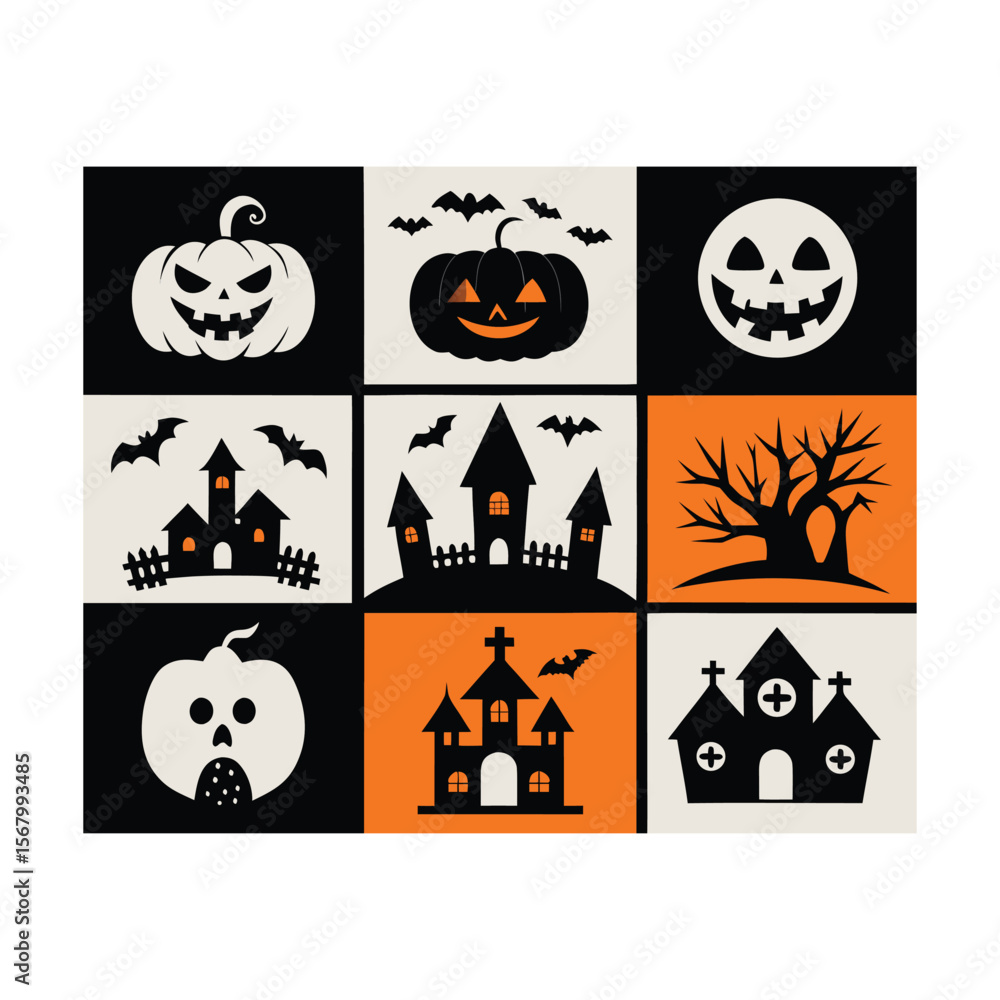 Obraz premium Halloween silhouette material set old castle and bats pumpkin and cat Premium Vector