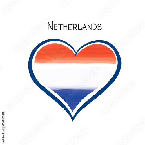 Travel netherlandish love heart watercolor drawn icon. Love Netherlands flag symbol illustration. Dutch symbol