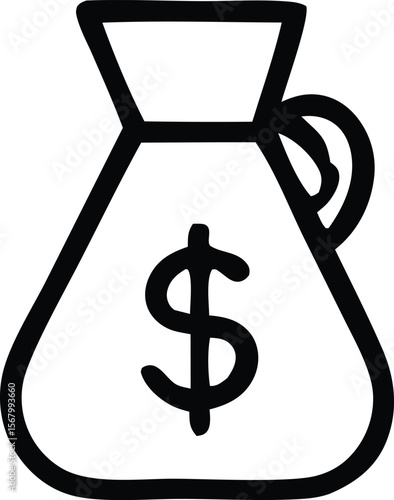 A simple black outline drawing of a money bag with a dollar sign prominently displayed on its front symbolizing wealth and financial gain