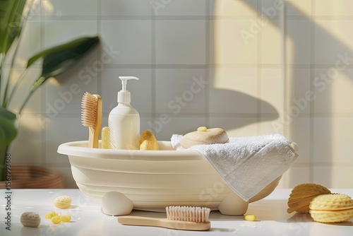 Body Care Products in Mockup Bottles Washcloth and Massage Brush in a Toy Bath
