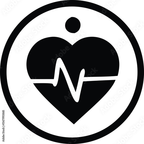 A stylized black and white icon featuring a heart with a heartbeat line inside enclosed within a circular border