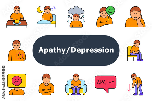 Depression set icon. Lack of appetite, sleep disturbance, sadness, fake smile, loneliness, fatigue, heart pain, emotionless, indifference, sitting still, speech bubble, slouched posture.