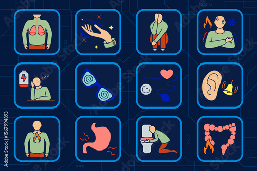 Panic attack set icon. Lung tension, shaky hand, panic posture, temperature shift, sleep crash, vision blur, heart pulse, tinnitus, acid reflux, stomach cramp, toilet vomiting, colon burn.