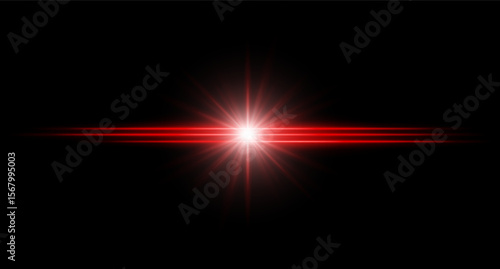 Red flare. Bright horizontal glow with radial light beams, high contrast center burst on dark background, clean illumination with sharp edges and soft halo.