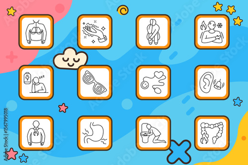Body disorder icon. Chest pain, tingling hands, overweight person, cold and heat imbalance, low energy, spiral glasses, baby monitor, ear ringing, heartburn, stomach pain, vomiting, colon inflammation