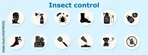 Insect control set icon. Displays bite reaction, repellents, tick, itchy foot, insecticide, plug-in repeller, mosquito bite, antihistamines, swatter, ointment, pet with bug, no bugs sign