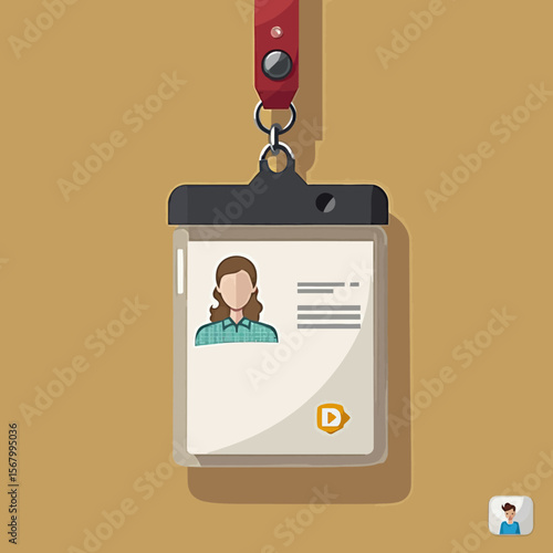 Employee ID badge with a woman's portrait, hanging from a red lanyard on a tan background.