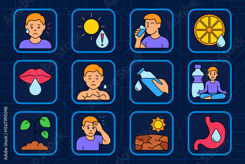 Water balance set icon. Dehydration signs, sun heat, drinking, citrus juice, lips dryness, chest pressure, hydration, yoga, water bottle, plant growth, head overheating, dry soil, stomach fluid.