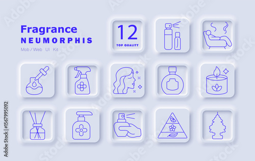 Fragrance set icon. Essential oils, sprayer, flowers, woman smelling aroma, bottle shapes, pyramid of notes, scented candle, air freshener, room spray, relaxing sofa, fragrance therapy.