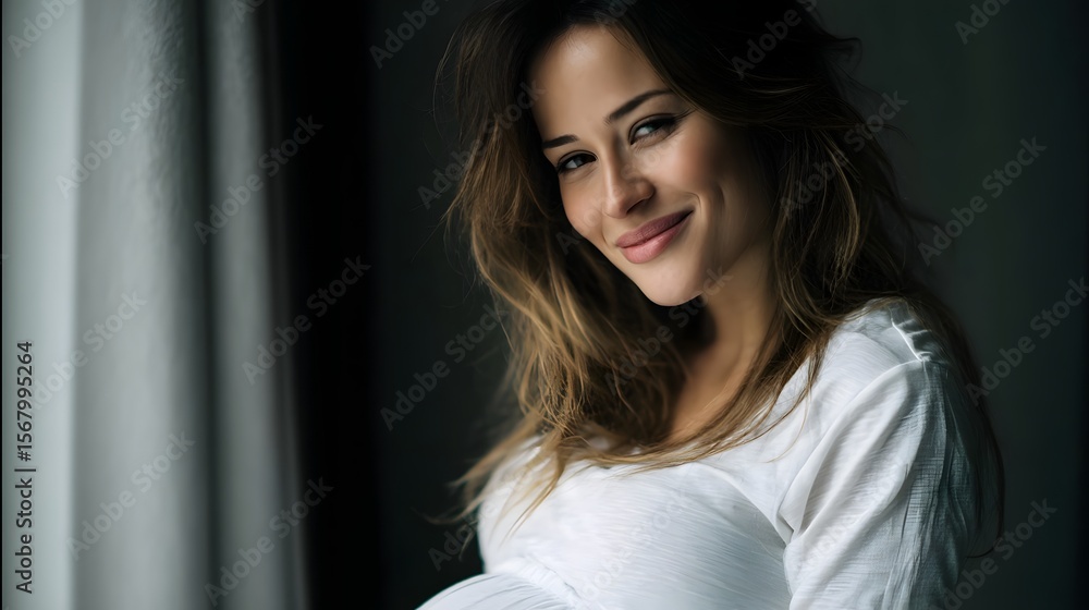 Naklejka premium A woman with a gentle smile bathed in soft window light