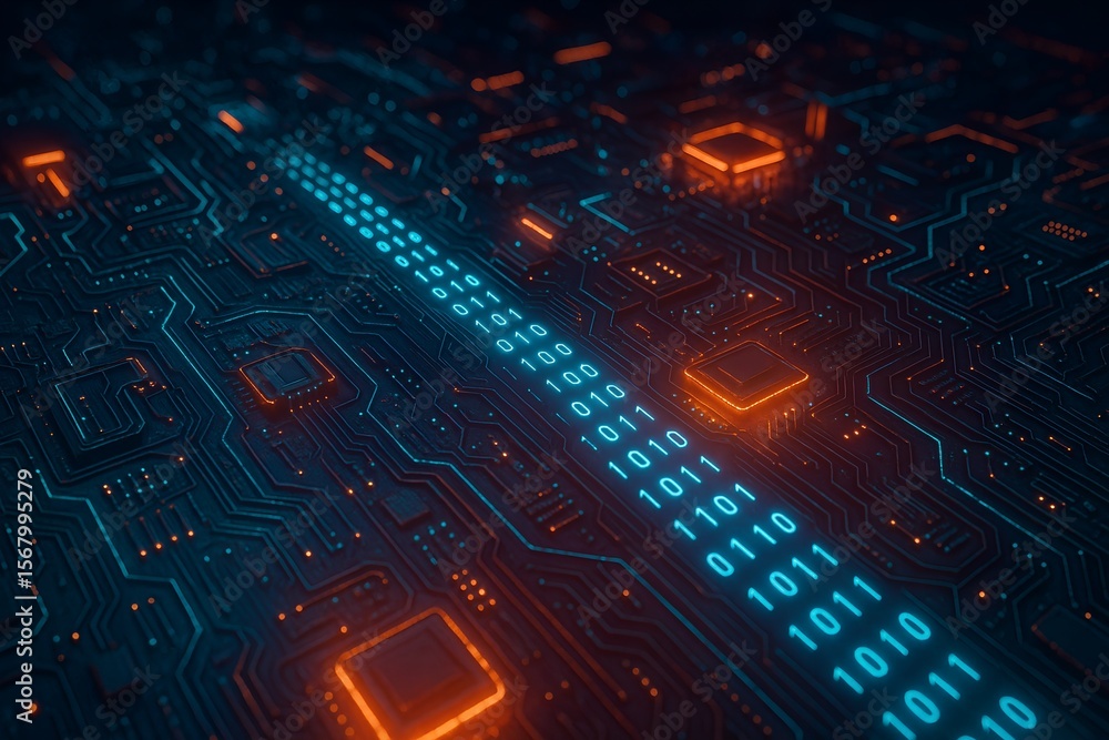 Obraz premium Futuristic Circuit Board with Glowing Binary Code A Glimpse into the World of Artificial Intelligence and Technological Advancements