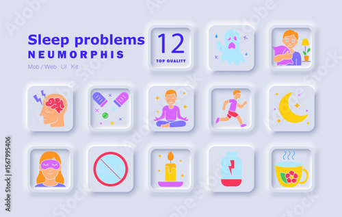 Sleep problems set icon. Insomnia, nightmares, anxiety, brain tension, relaxation therapy, supplements, exercise, meditation, moon, candle, tea, pillow, lack of rest, tired brain.