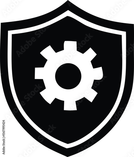 Black shield icon with a white gear symbol inside representing security engineering and operational protection