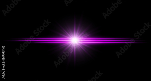 Purple flare. Bright horizontal glow with radial light beams, high contrast center burst on dark background, clean illumination with sharp edges and soft halo.