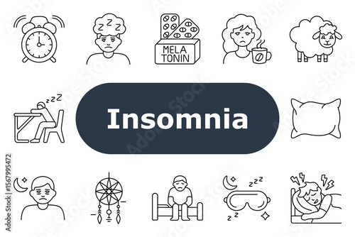 Insomnia set icon. Alarm clock, sleepless person, melatonin, sad face, sheep, pillow, drowsiness, moon, dreamcatcher, sitting in bed, sleep mask, disturbed sleep, bedtime issue.
