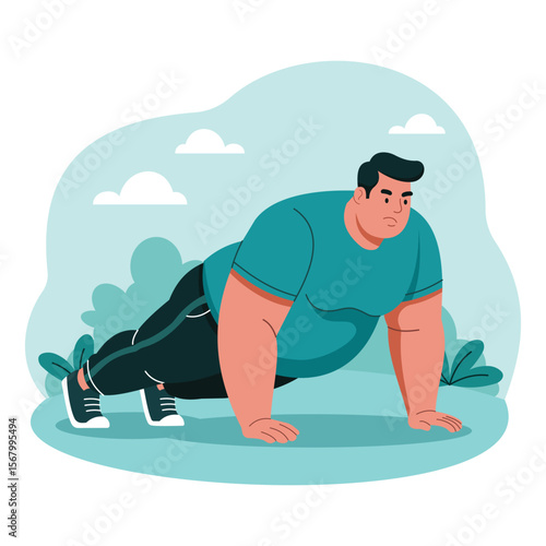 Big Man Doing Push-Ups in Outdoor Workout