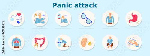 Panic attack set icon. Depicts pressure gauge, chest temperature swings, sleepiness, spiral vision, chest flame, stomach cramp, lungs, colon fire, vomiting, earbell, panic crouch, hand tremor