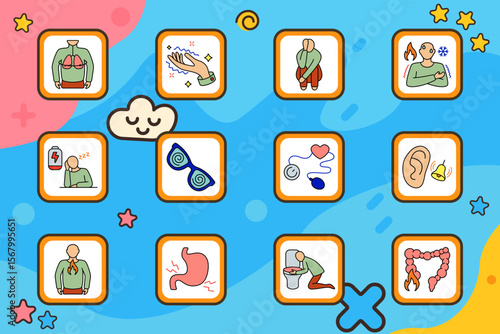 Health symptom set icon. Lung pressure, tingling arms, crouching figure, temperature fluctuation, drowsiness, spiral glasses, blood pressure, ear ringing, throat burn, stomach ache, vomiting, colon